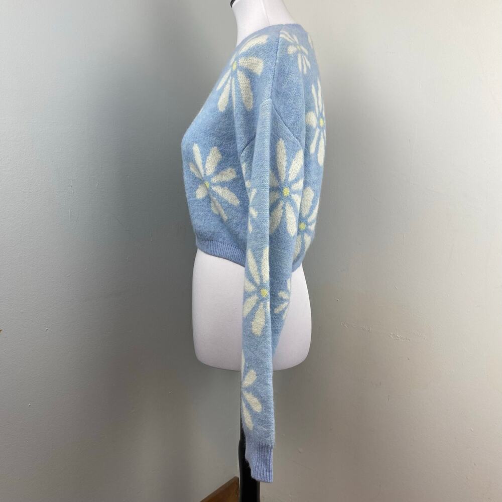 Witty Fox Blue Retro Floral Cropped Knit Sweater Large Daisy - Picture 5 of 7